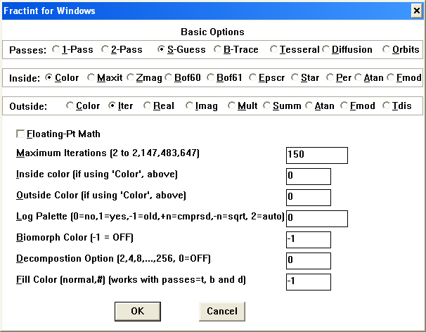 WinFract Basic Options diaog box